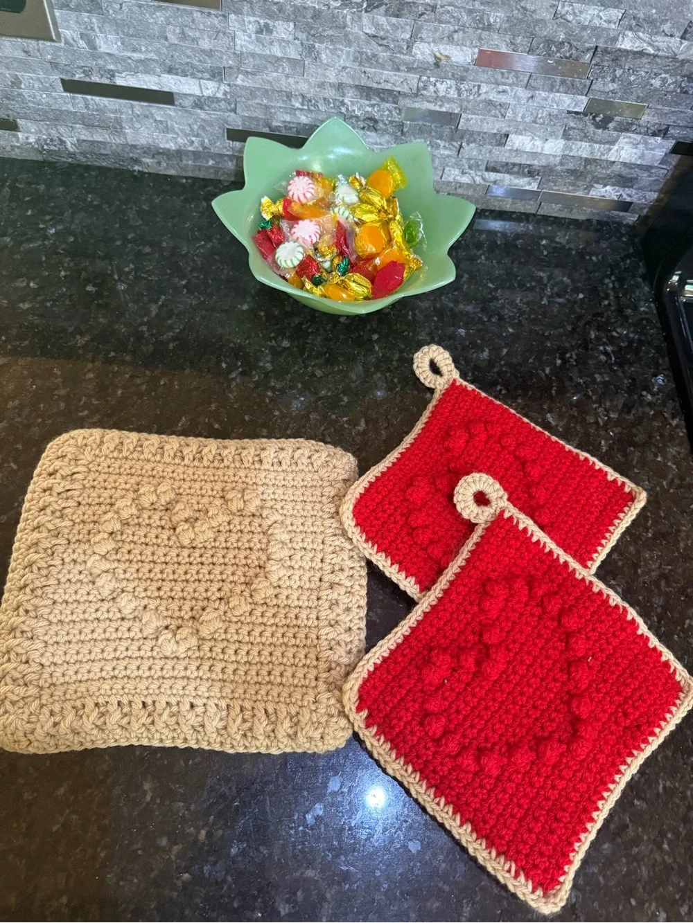 Handmade Crochet Reversible Heart 3 piece Mat and Potholders